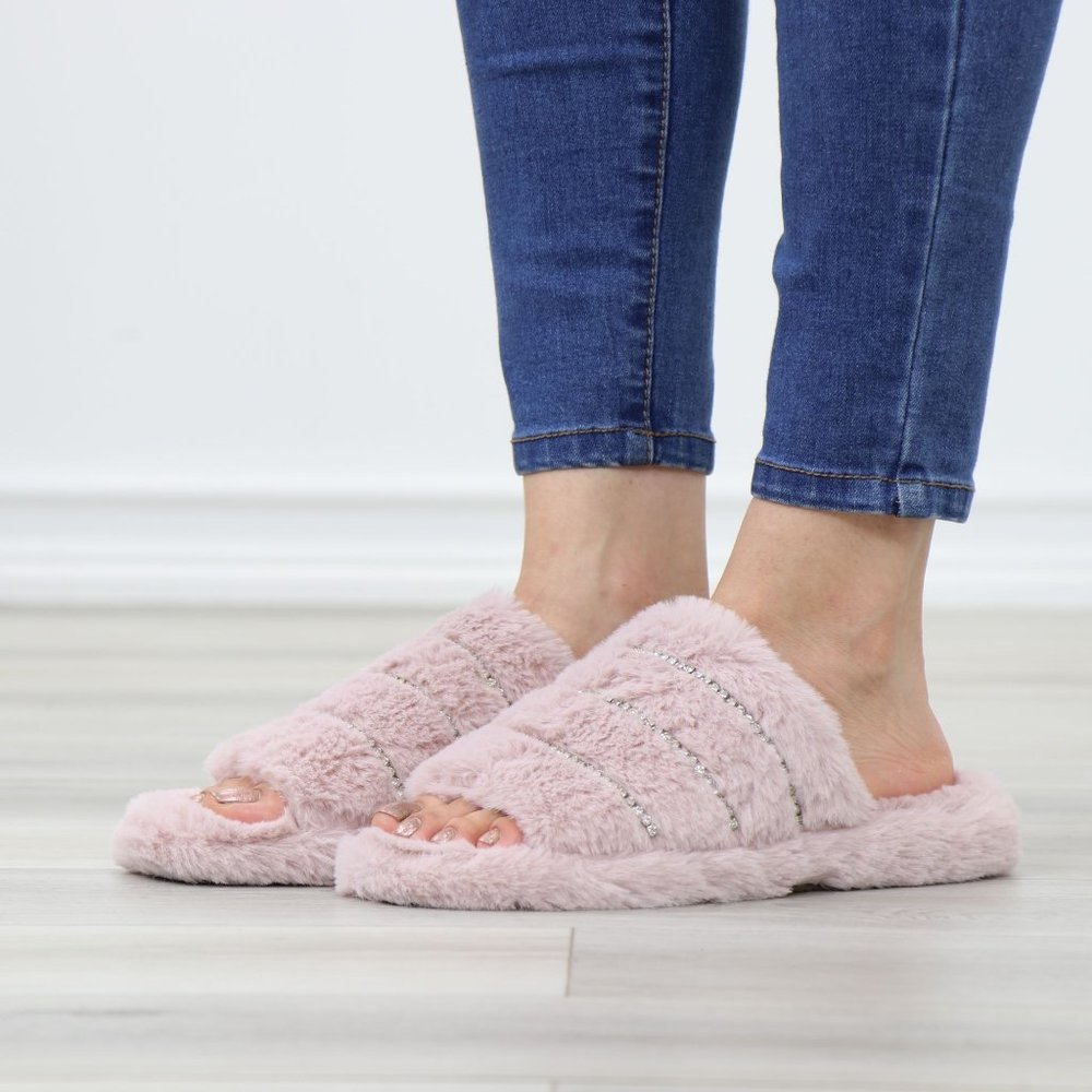Pink Puff Fuzzy Fluffy Slip On Plush Slippers Diamond Accents - Picture 16 of 16